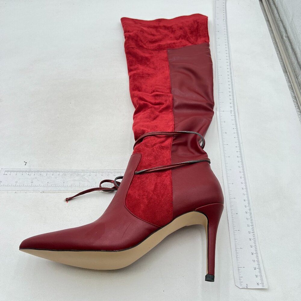 Wine Women Stretchy Strappy High Heel Pointed Toe Over The Knee Long Bootie